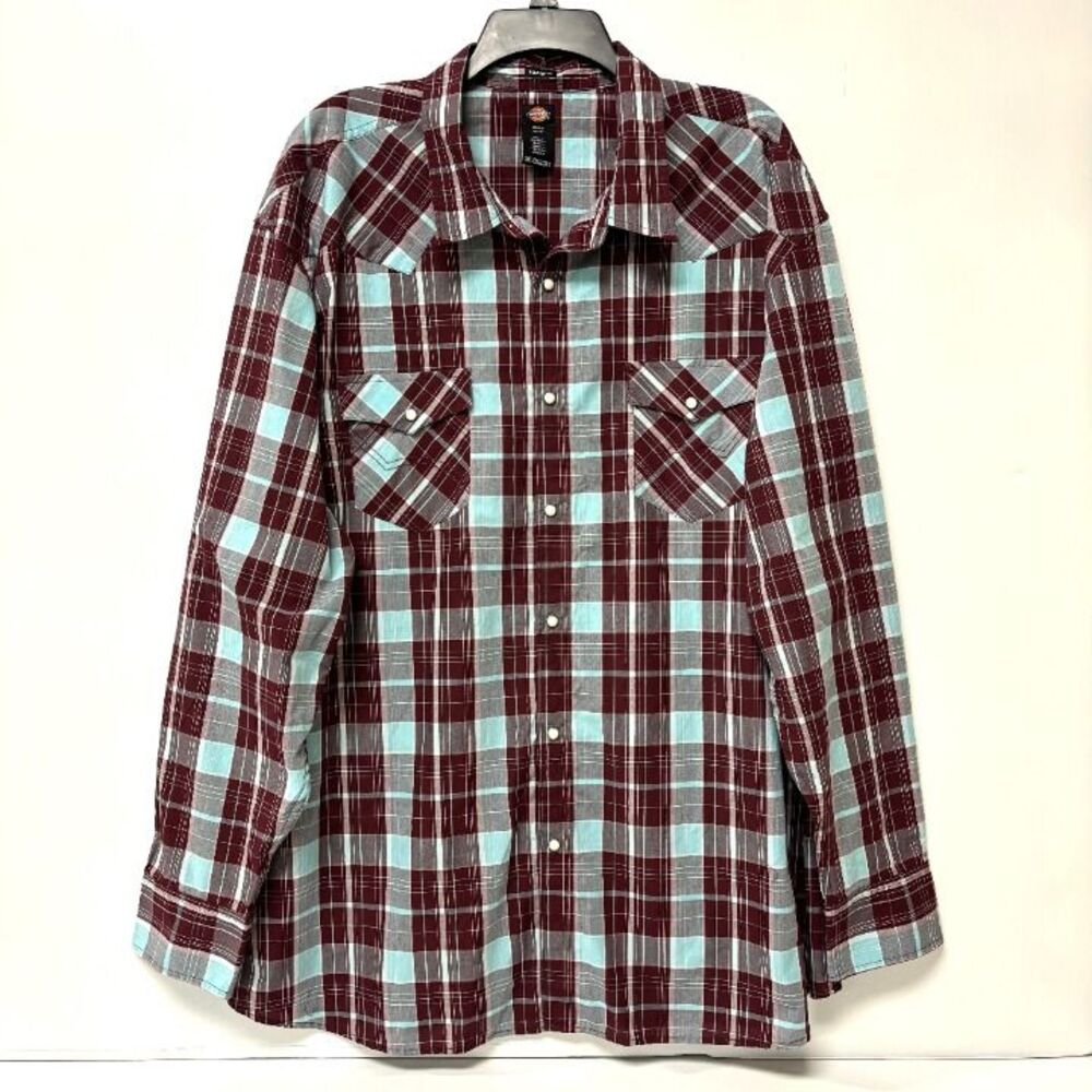 Dickie's Men's Burgundy, White & Light Blue Plaid Button Up LS Shirt Relaxed Fit